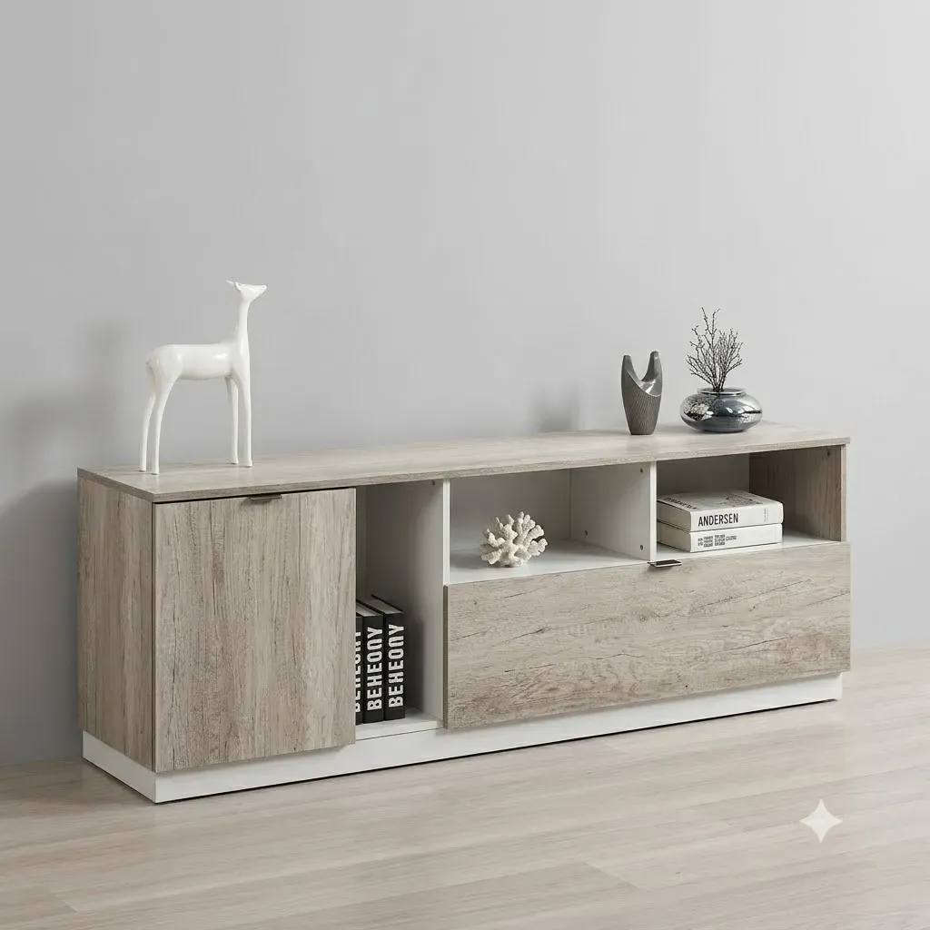 [DZ38GRIS-TV] Modena - Table TV Grise Contemporaine en chêne blanchi.webp