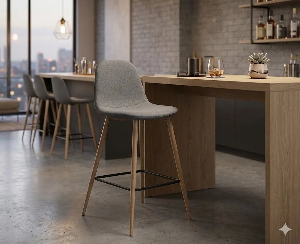 [CHAISEBAR-318-2] CHAISE BAR GRISE PIED EN BOIS