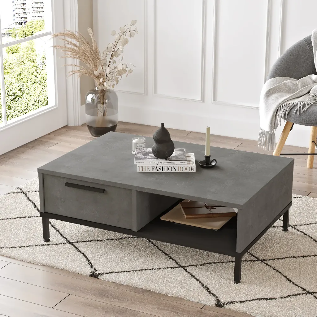 [LV18-RL -TB] TABLE BASSE FOCH NOIRE AVEC TIRROIR ET RANGEMENT