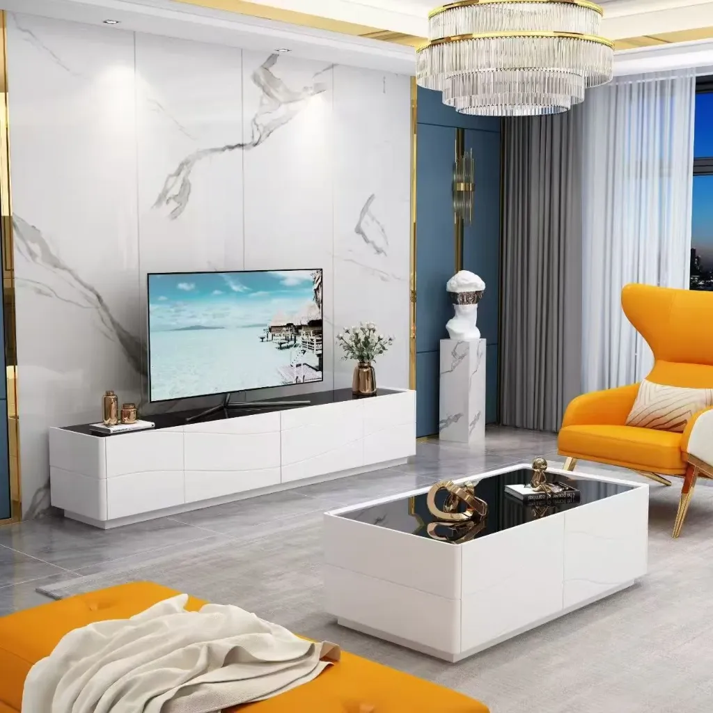 [92474-TB] TABLE BASSE BLANCHE PLATEAU EN VERRE NOIR