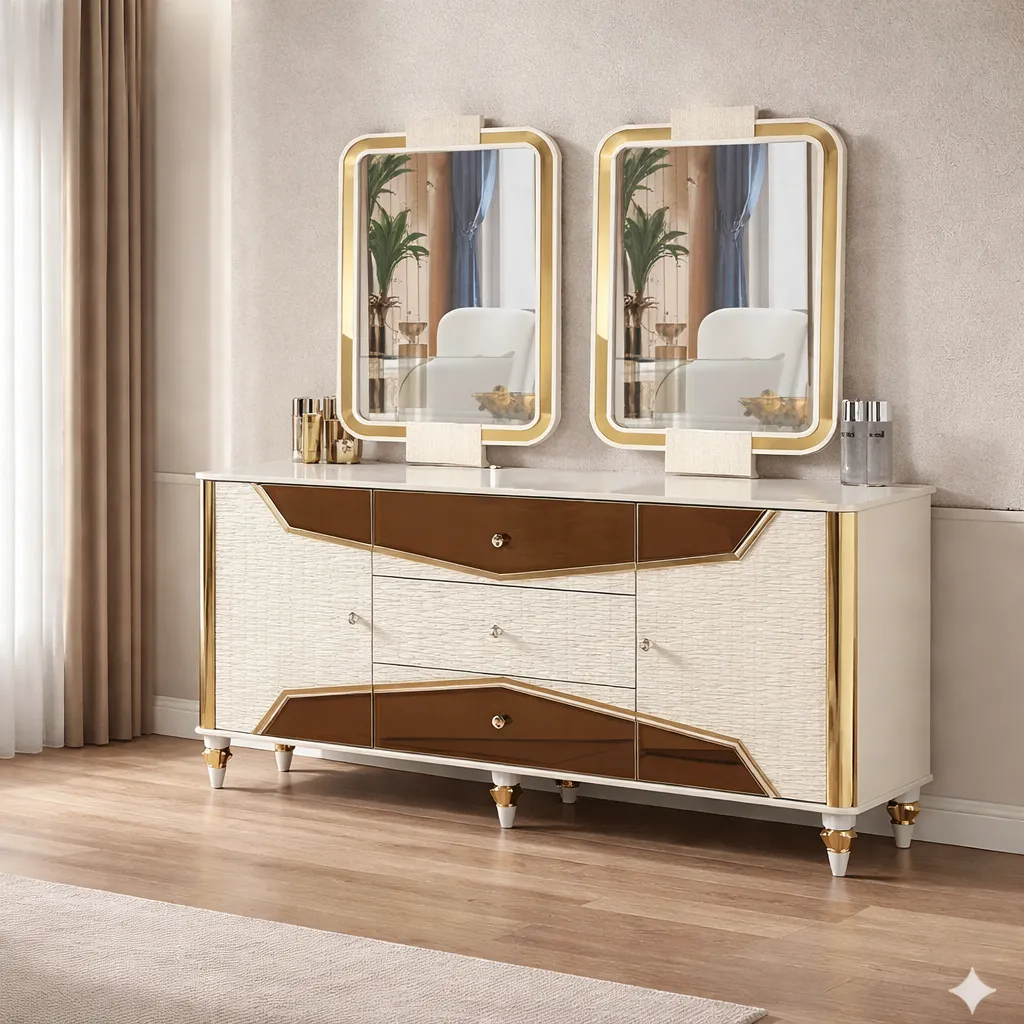 [BAHUT-987] BAHUT 4 PORTES BLANC ET DORE