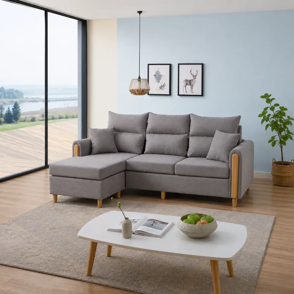 [SALON-ZH-109] CANAPÉ D'ANGLE SÉQUOIA -Tissu & Pieds Bois – 3 places avec méridienne (Gris)