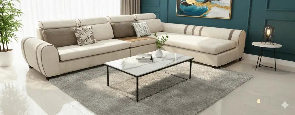 [SALON-1628] CANAPÉ D'ANGLE BLANC ET BEIGE 1628 (double méridienne)