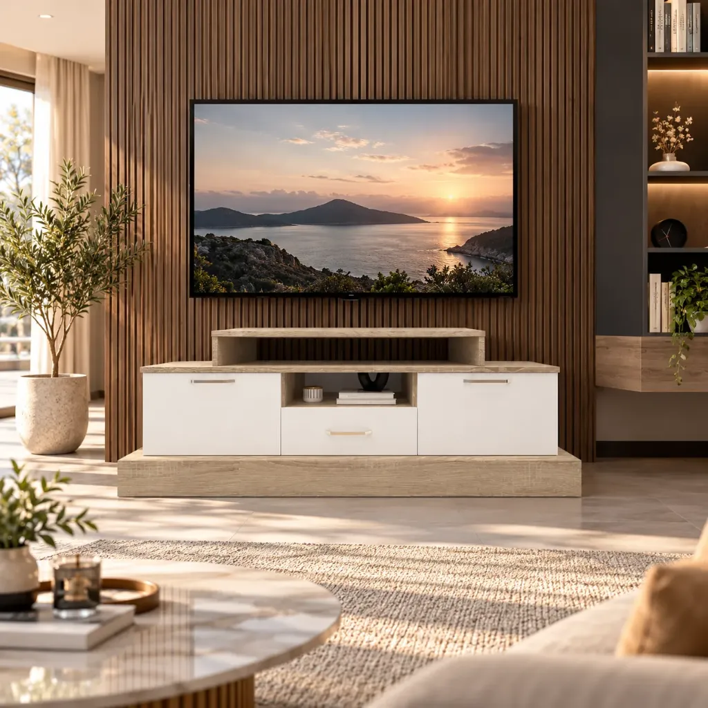 [18-TV] TABLE TV CHÊNE ET BLANC