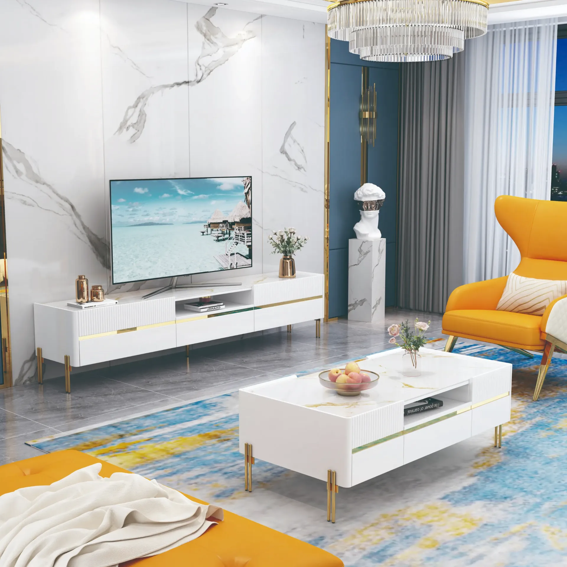 TABLE TV BLANC DORE