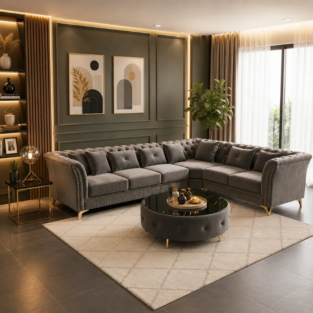 [SAALON-R3067B] CANAPÉ D'ANGLE EN VELOURS ÉLEGANT ET CONFORTABLE (Gris)