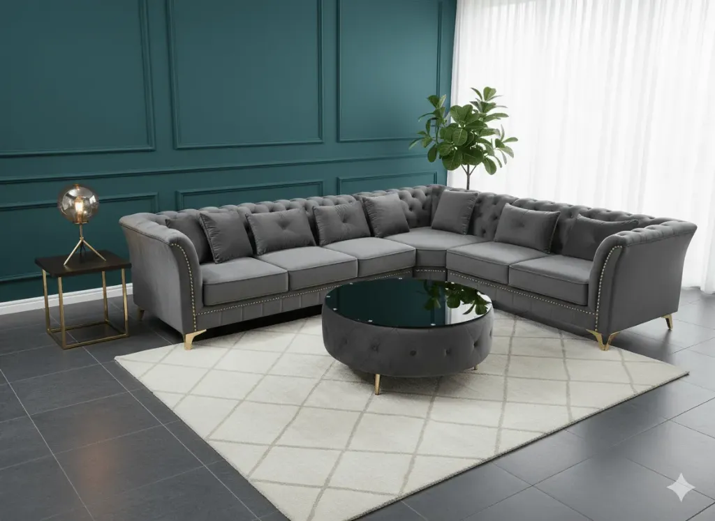 [SAALON-R3067B] CANAPÉ D'ANGLE EN VELOURS ÉLEGANT ET CONFORTABLE (Gris)