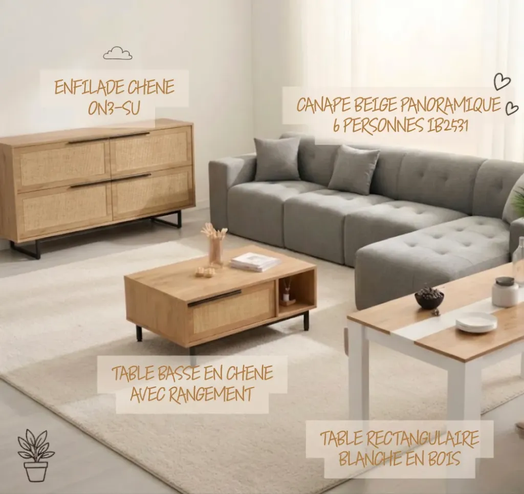 PACK SALON COMPLET : Canapé + Table basse + Buffet + Table à manger