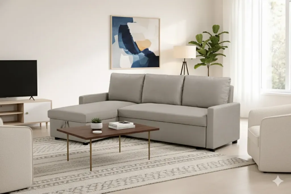 [SALON-ZY307V] CANAPÉ D'ANGLE BEIGE CONVERTIBLE AVEC COFFRE ZY 307V