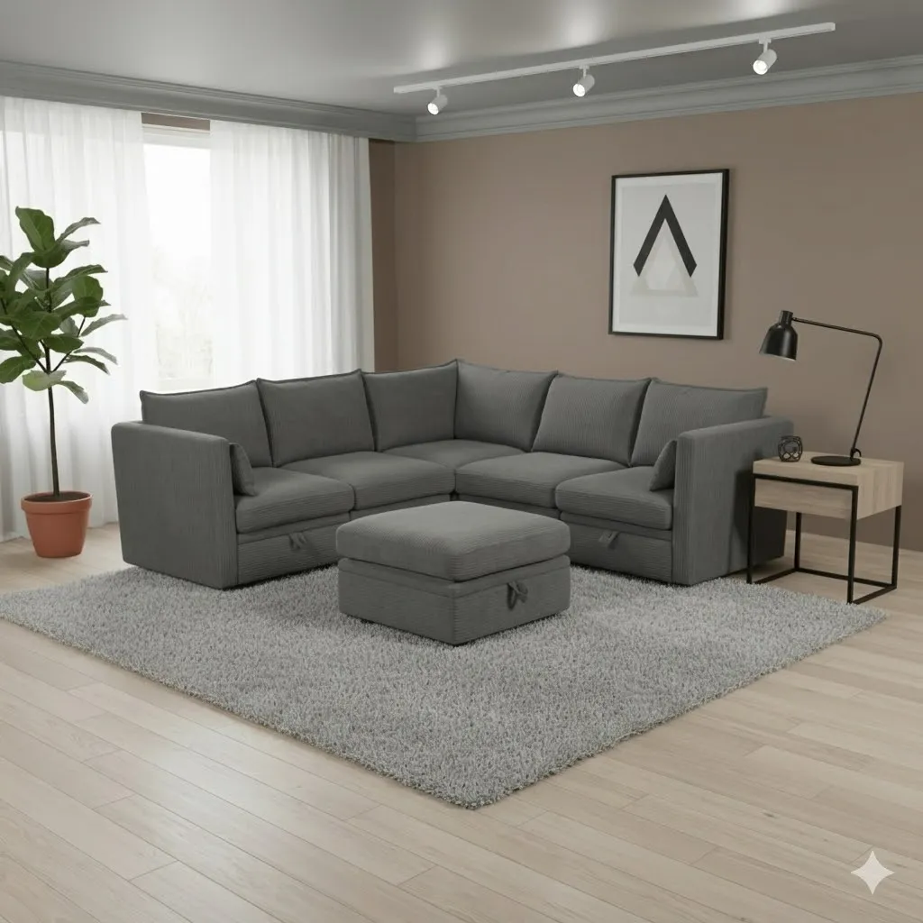 [SALON-HS468] CANAPÉ D'ANGLE GRIS CONVERTIBLE AVEC COFFRE 6 PERSONNES HS468