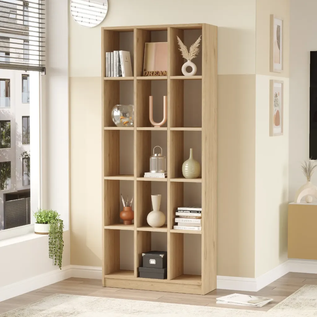 [BIBL-LI2-S] Épurée - Bibliothèque moderne en chêne (15 cases)