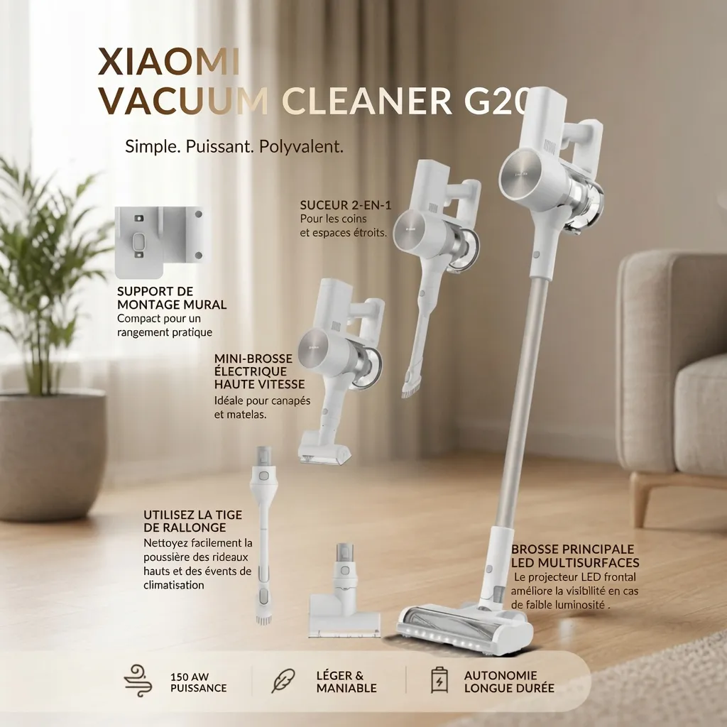 [BHR8831EU] Xiaomi Vacuum Cleaner G20 150AW/25kPa, Autonomie 60 Min | Éclairage LED, Filtration 99,9% | Aspirateur pour Sols Durs, Tapis et Poils d'animaux
