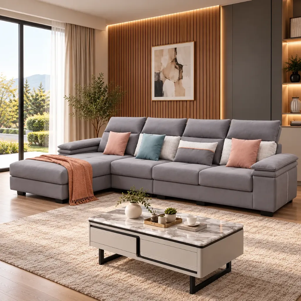 [SALON-1638C] CANAPÉ D'ANGLE GRIS KAELIS