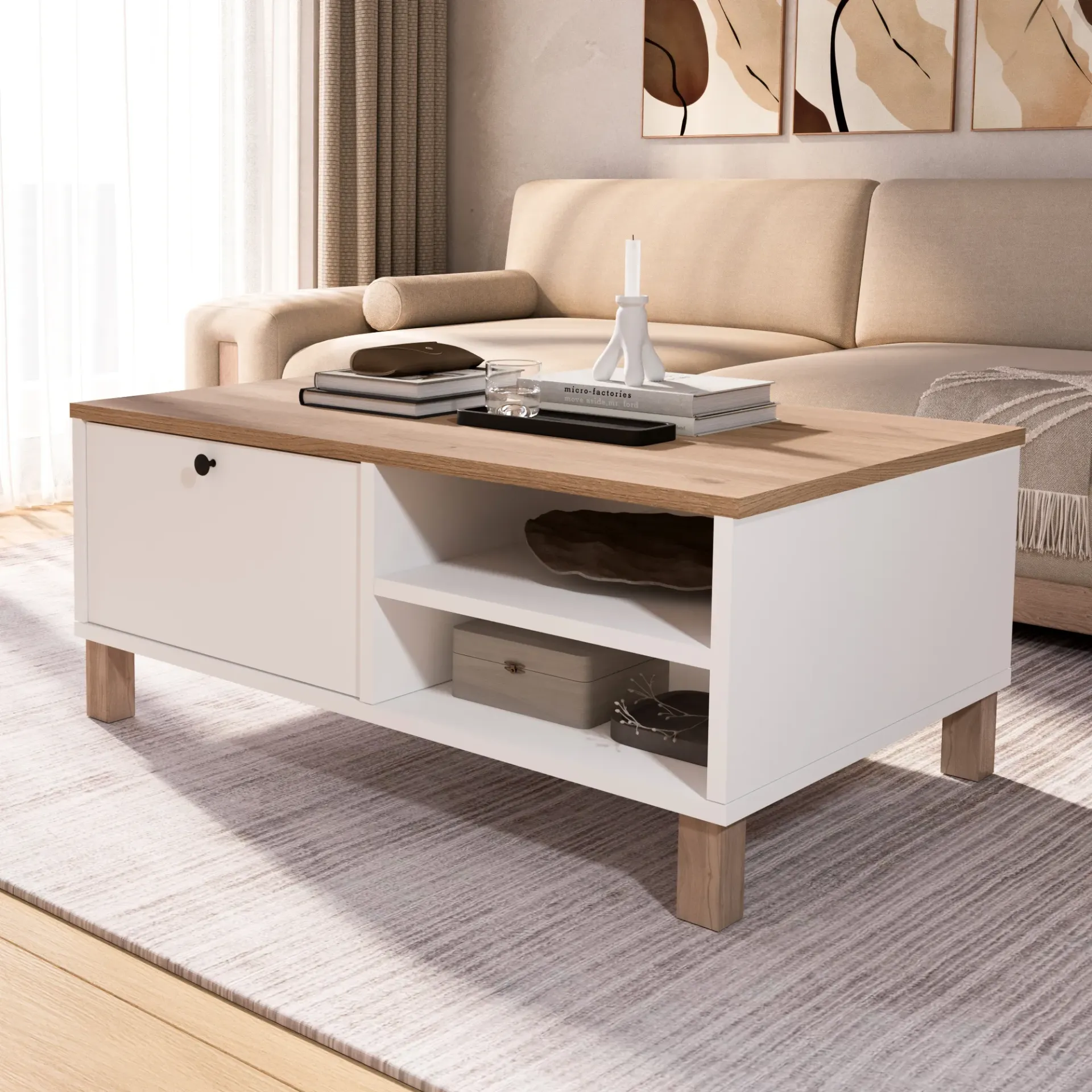 [ND8-SW-TB] Malmö - Table Basse À Rangement Blanche et Chêne