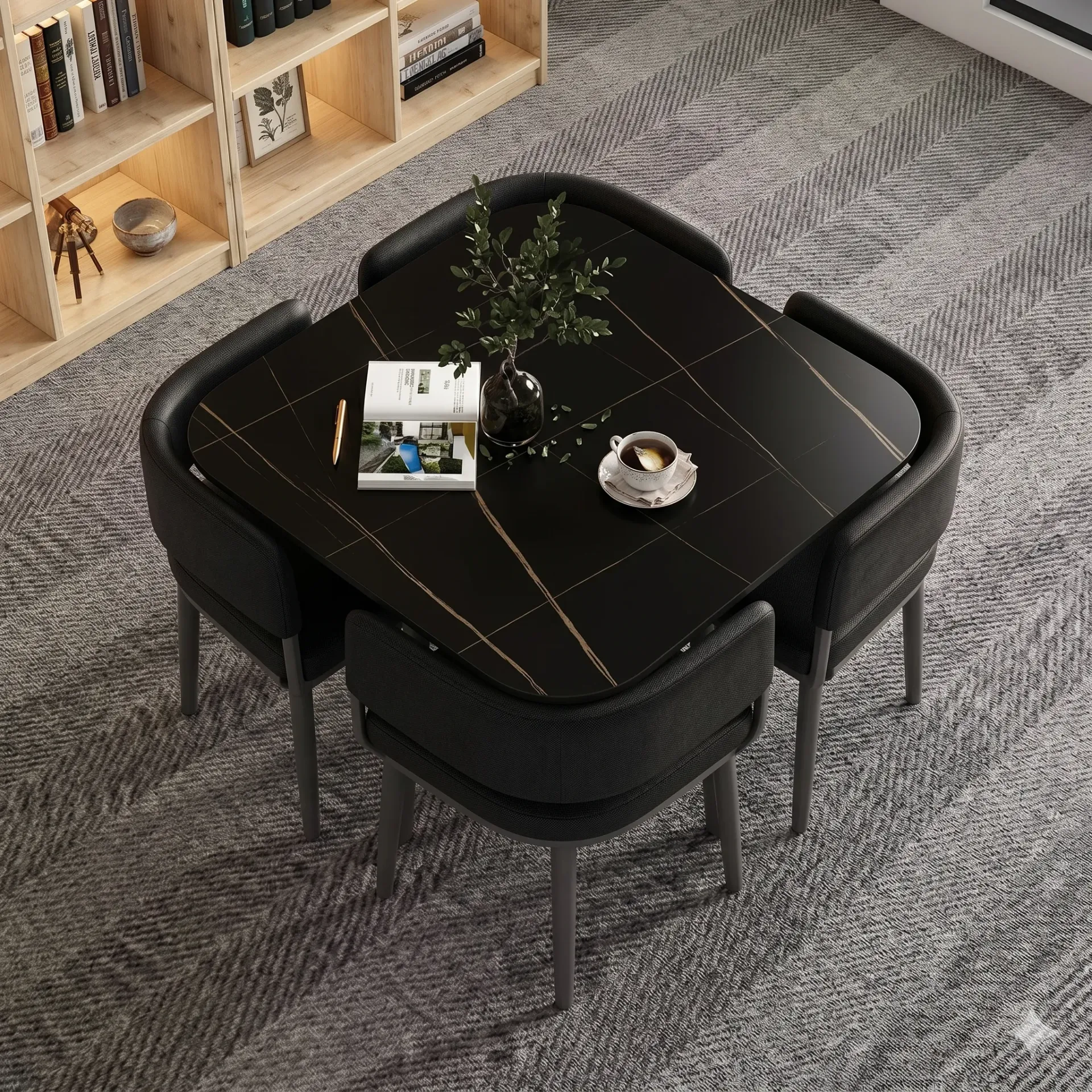 [TABLE-336] Ensemble Table à manger noir effet marbre + 4 chaises (noir) encastrable