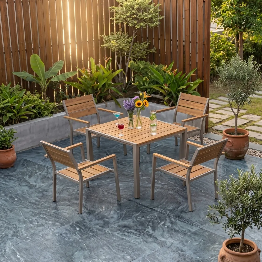 [TERRASSE-H1316] Ensemble repas d'extérieur : Table carrée en teck et 4 chaises assorties en aluminium