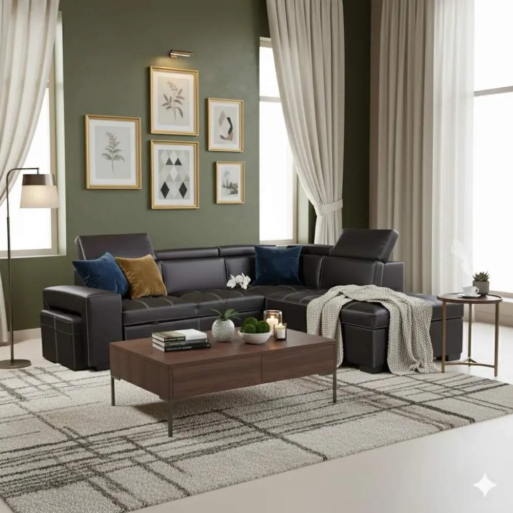 Haussmann - CANAPÉ D'ANGLE CONVERTIBLE AVEC COFFRE + 2 POUF