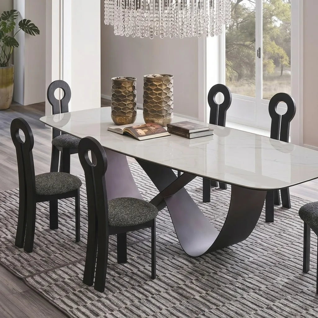 [TABLE-T931 CHAISE-9210NOIR] Danube - Table à manger pieds en céramique noir plateau marbre + 6 chaises Kate Noir