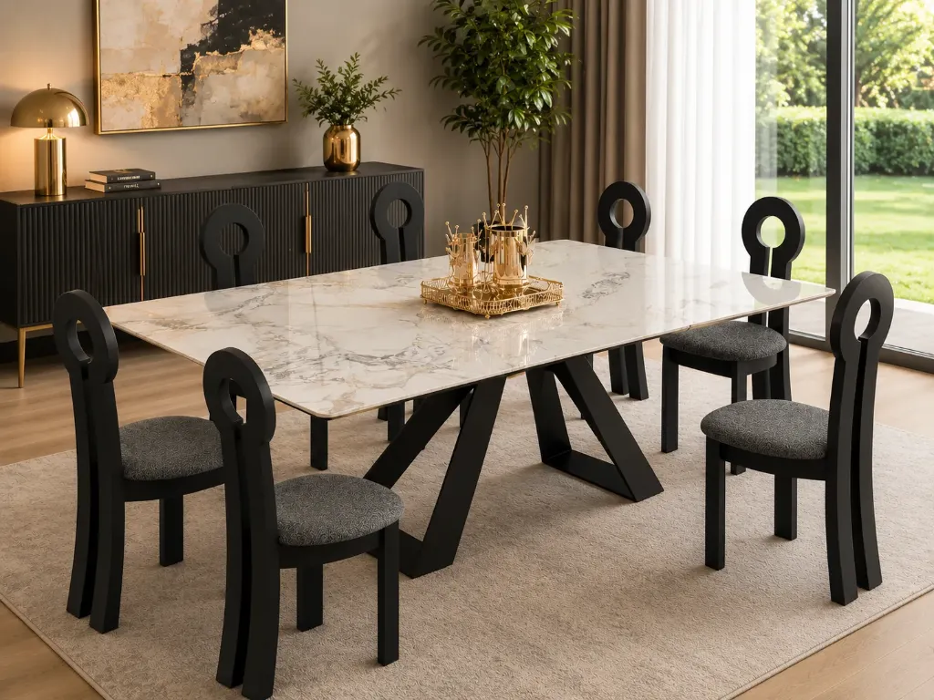 [CHAISE-9210NOIR TABLE-T366] Andersen - Table à manger extensible pieds en céramique noir plateau marbre blanc + 6 chaises Kate Noir