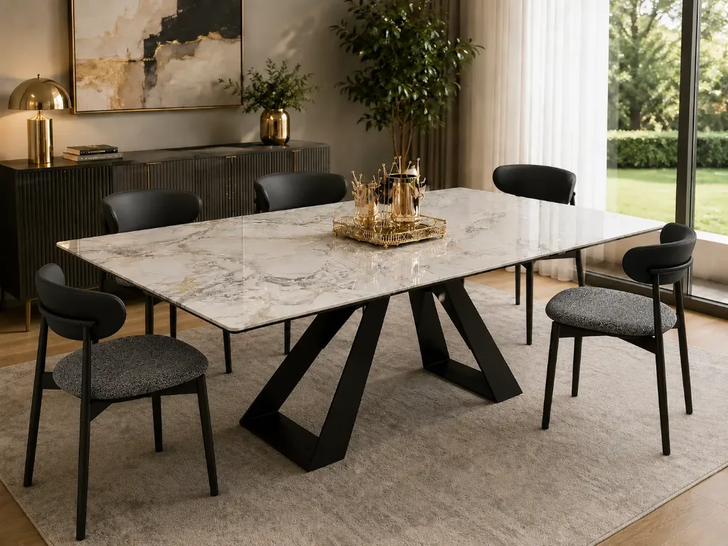 Andersen - Table à manger en céramique blanc extensible pieds noir en métal + 8 chaises Hug Noir