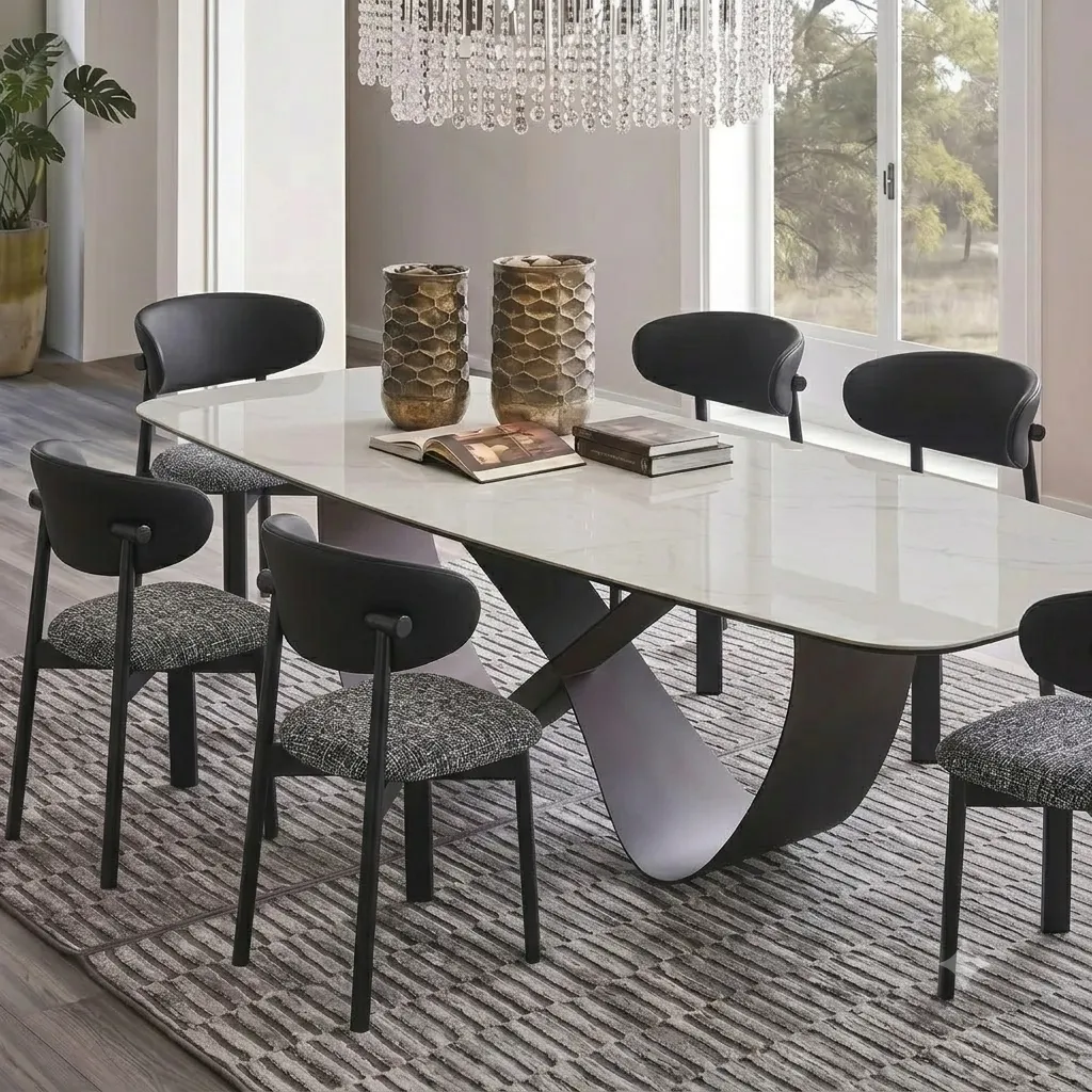 [9207-NOIR TABLE-T931] Danube - Table à manger pieds en céramique noir plateau marbre + 6 chaises Hug Noir