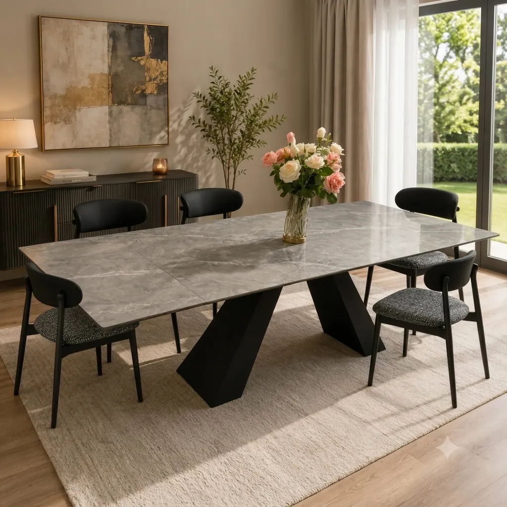 Andersen - Table à manger en céramique gris extensible pieds noir en métal + 6 chaises Hug Noir