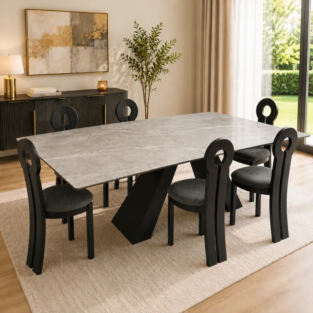 [TABLE-T839 CHAISE-9210NOIR] Andersen - Table à manger en céramique gris extensible pieds noir en métal + 8 chaises Kate Noir