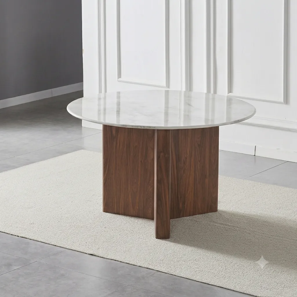 [TABLE-2505] Nogobo - Table à manger ronde (6 personnes) en marbre pieds en bois