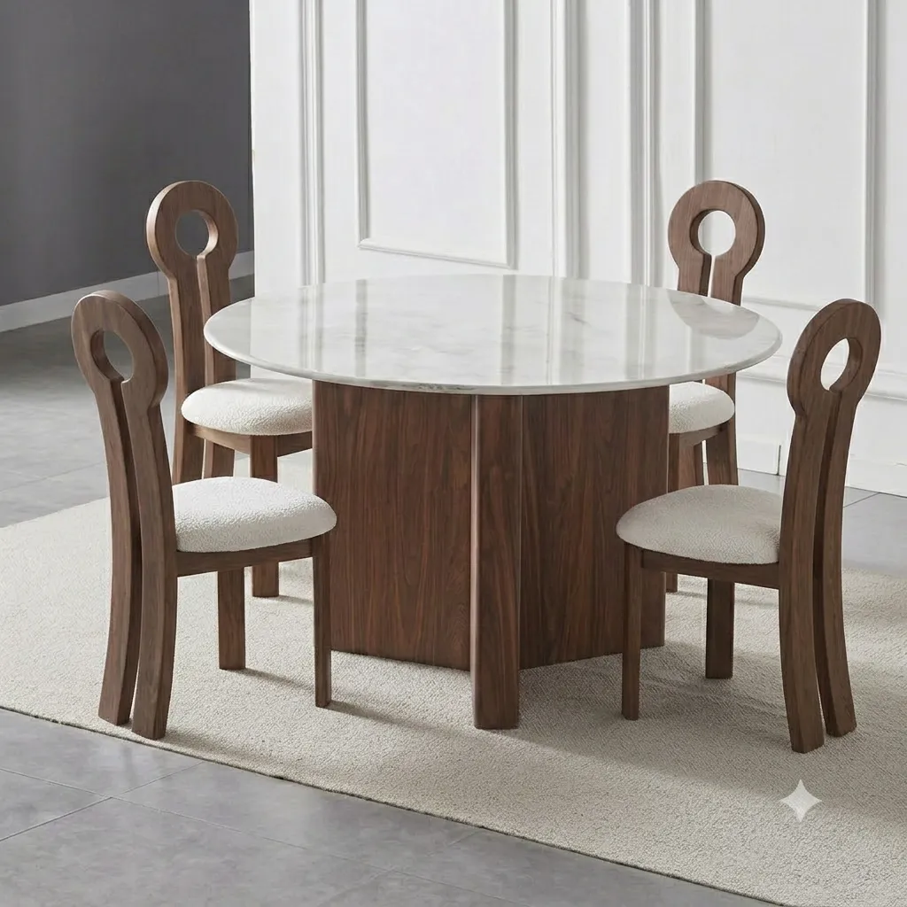 [TABLE-2505 + CHAISE-9210BEIGE (4)] Nogobo - Table à manger ronde (6 personnes) + 4 chaises Kate Marron