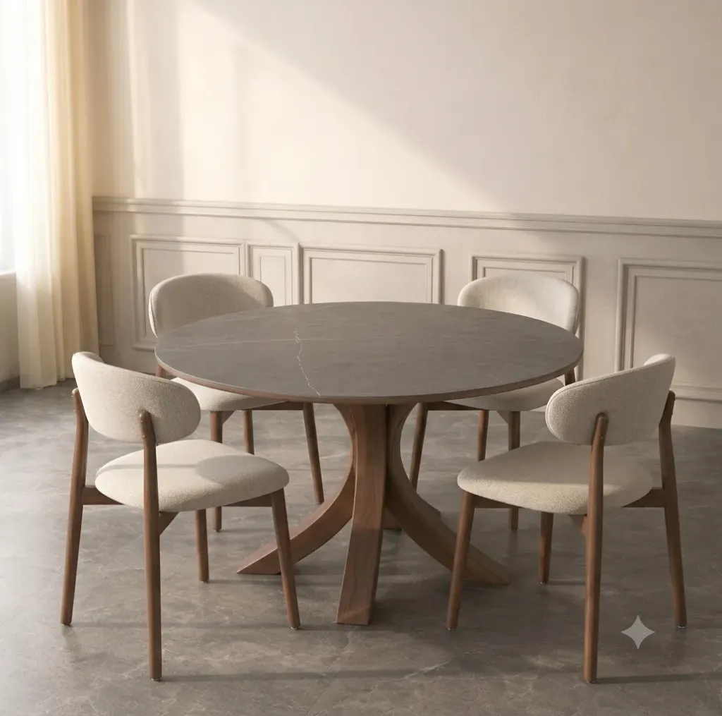 [TABLE-T05 + CHAISE-Y68(4)] Alya - Table à manger ronde (6 personnes) + 4 chaises Cassie marron