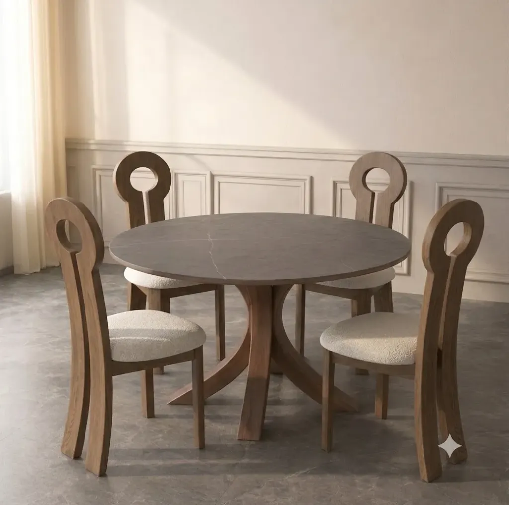 [TABLE-T05 + CHAISE-9210BEIGE (4)] Alya - Table à manger ronde (6 personnes) + 4 chaises Kate Marron