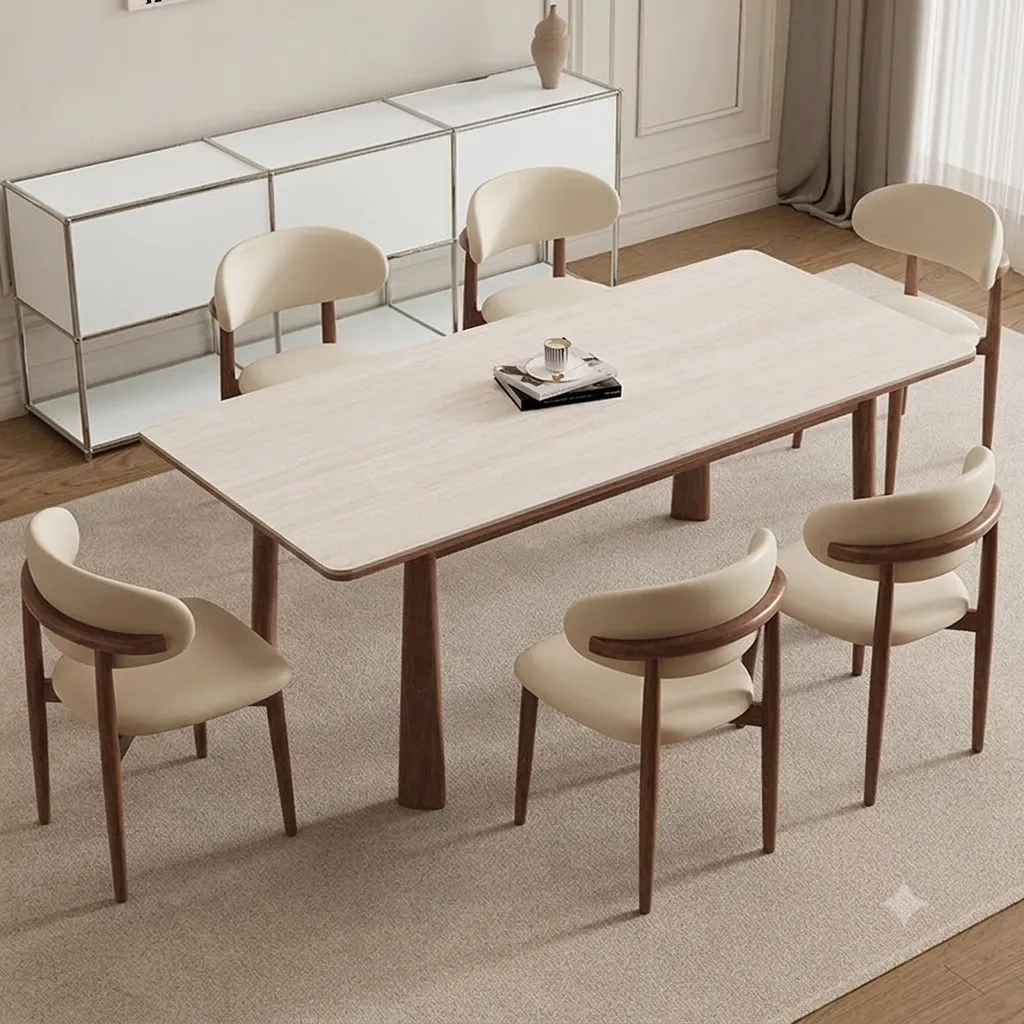 [TABLE-8837 + CHAISE-HX9011BM (6)] Bronx - Table à manger rectangle effet bois (plateau  blanc) + 6 chaises ICE beiges