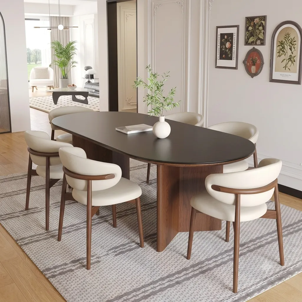 [TABLE-T26OVALE + CHAISE-Y68 (6)] Ernest - Table à manger ovale en bois (plateau noir) + 6 chaises HUG beiges