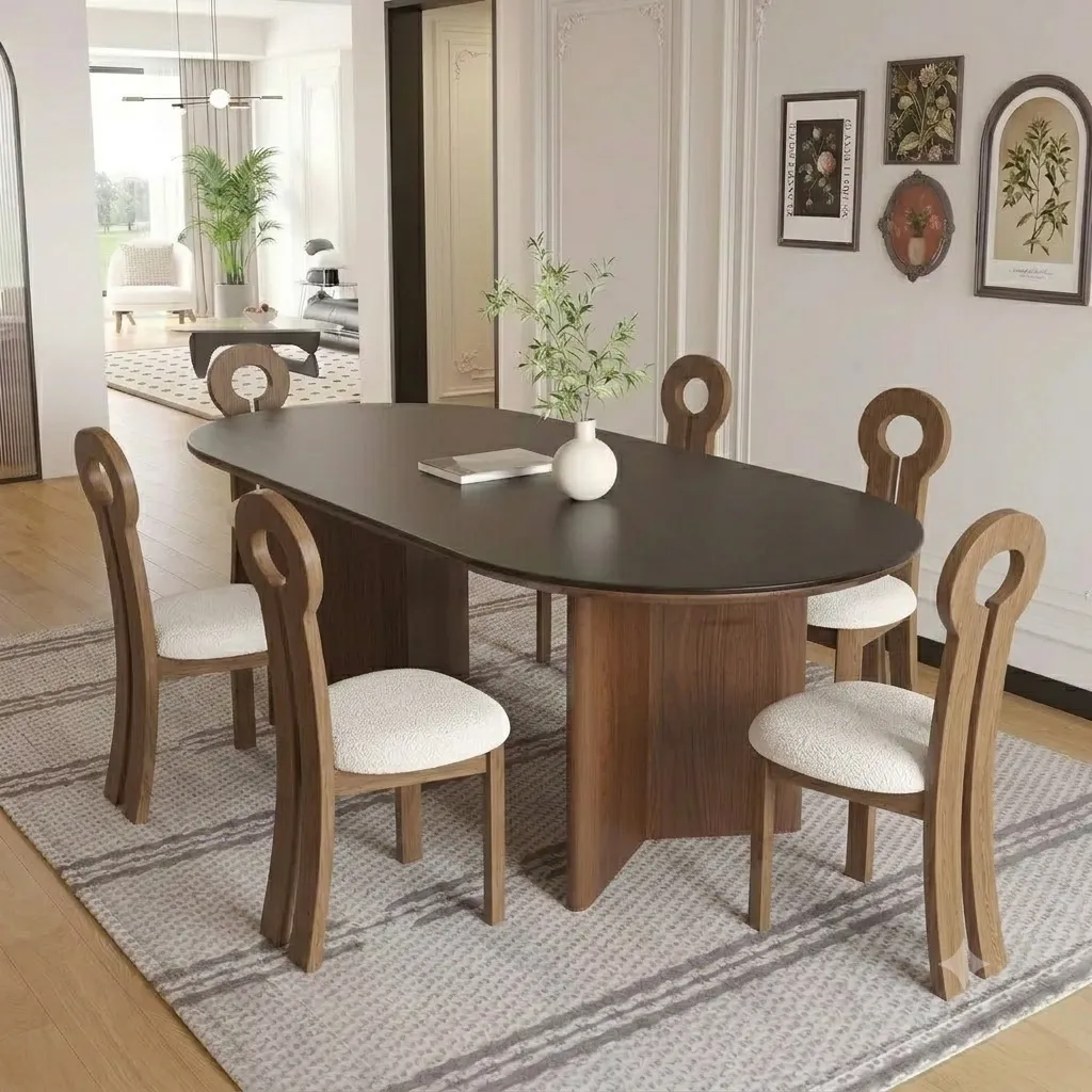 [TABLE-T26OVALE + CHAISE-9210BEIGE (6)] Ernest - Table à manger ovale en bois (plateau noir) + 6 chaises Kate Marron