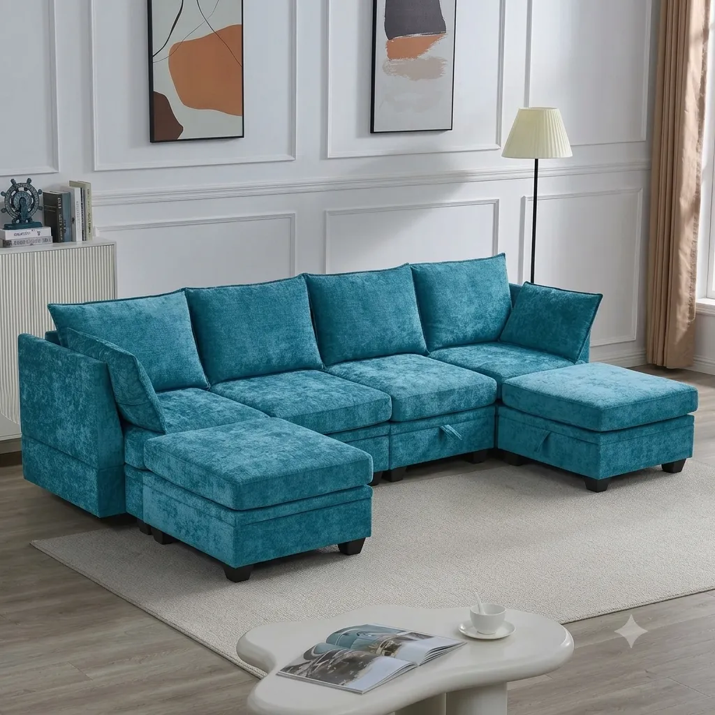 [SALON-XL1672] Chester - Canapé d'angle modulable bleu en tissu avec coffre de rangement