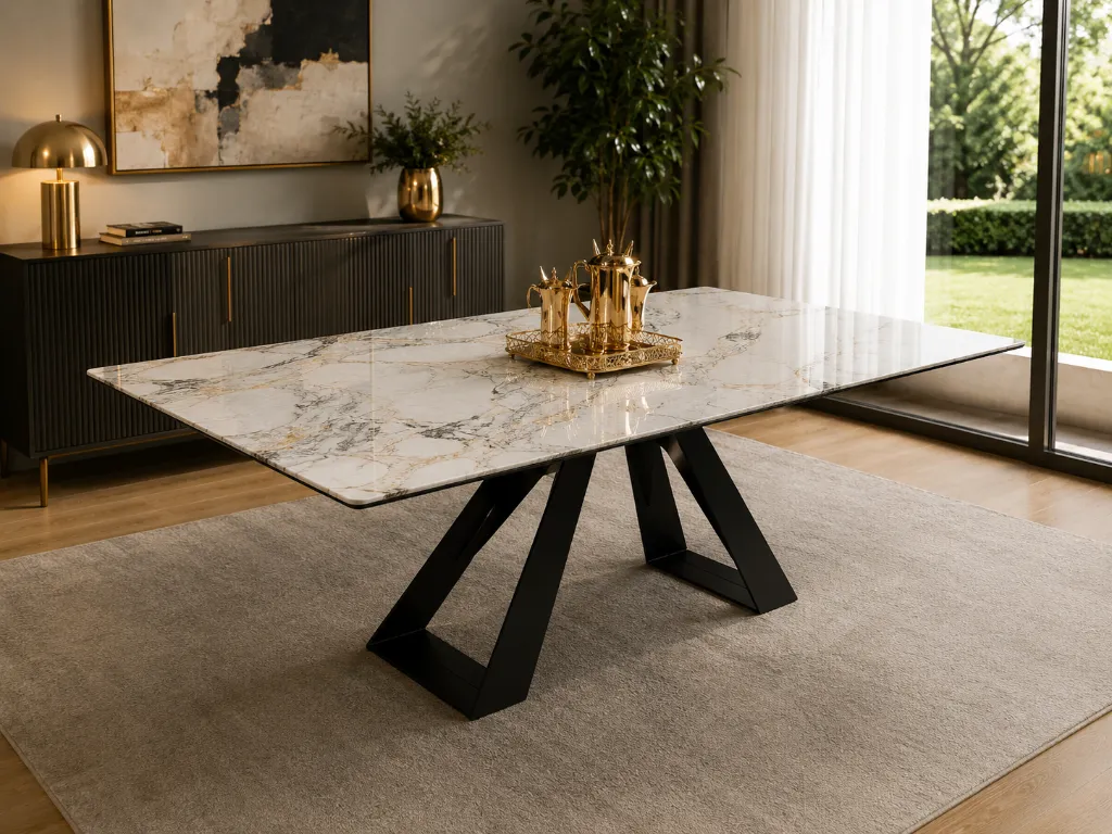 [TABLE-T366] Andersen - Table à manger extensible pieds en céramique noir plateau marbre blanc