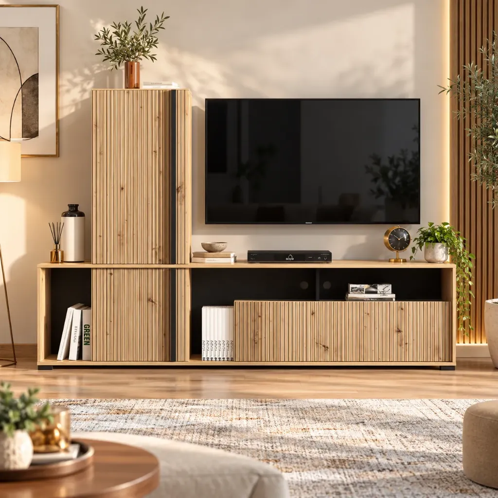 [CHADIA-LIVING] Chadia - Living TV en chêne avec colonne haute intégrée