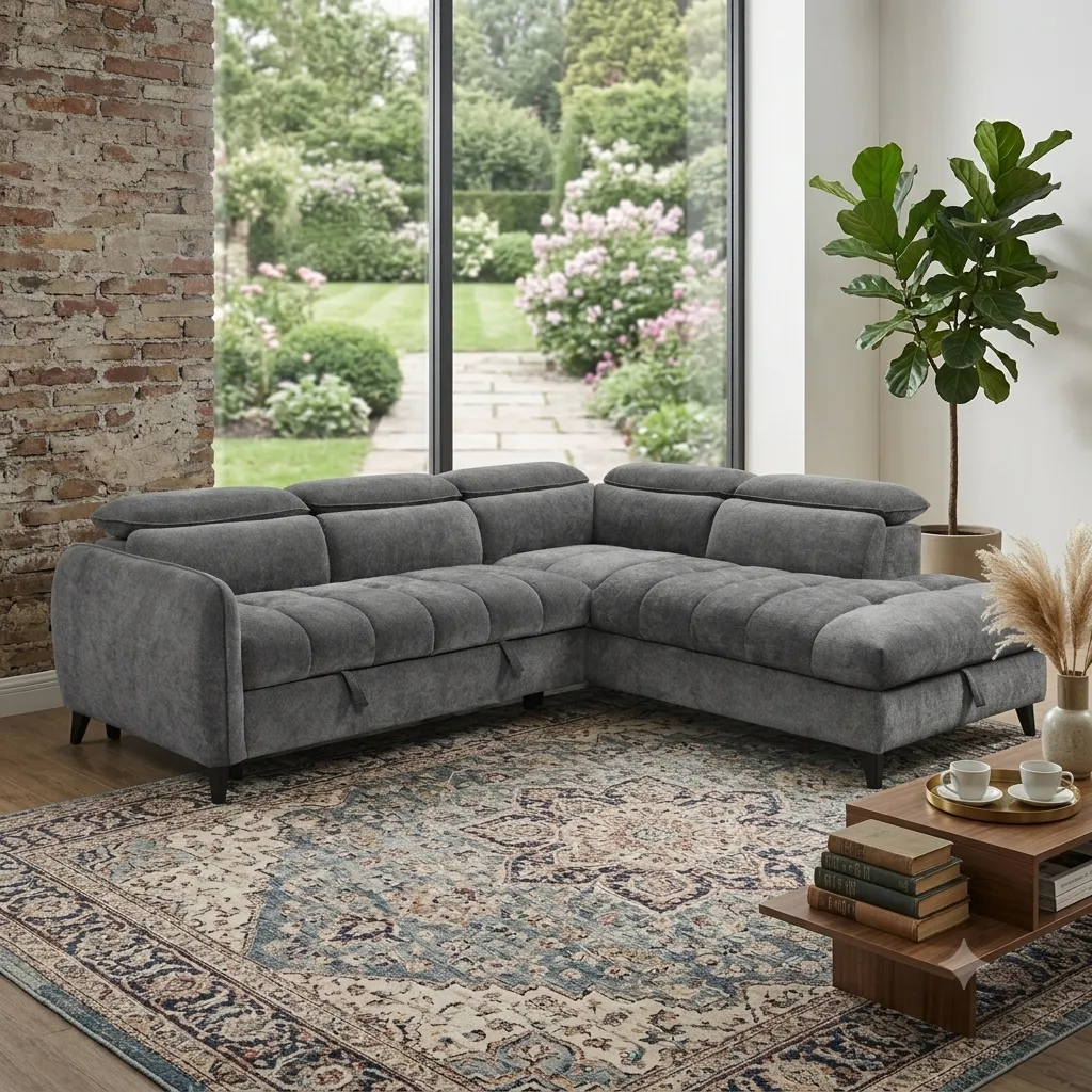 [SALON-7821] Misterio - Canapé D'angle Convertible Gris - Appuie-tête inclinable - Coffre de rangement intégré