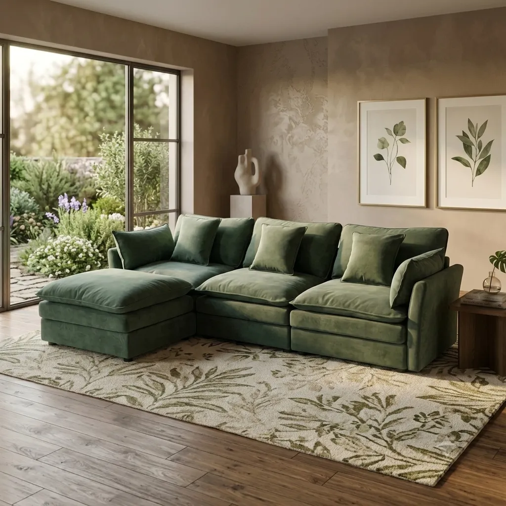 [SALON-8001] Canapé d’angle compressé vert olive, réversible