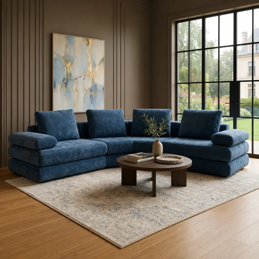 [SALON-6019BLEU] Canapé d'angle compressé en tissu (Bleu)