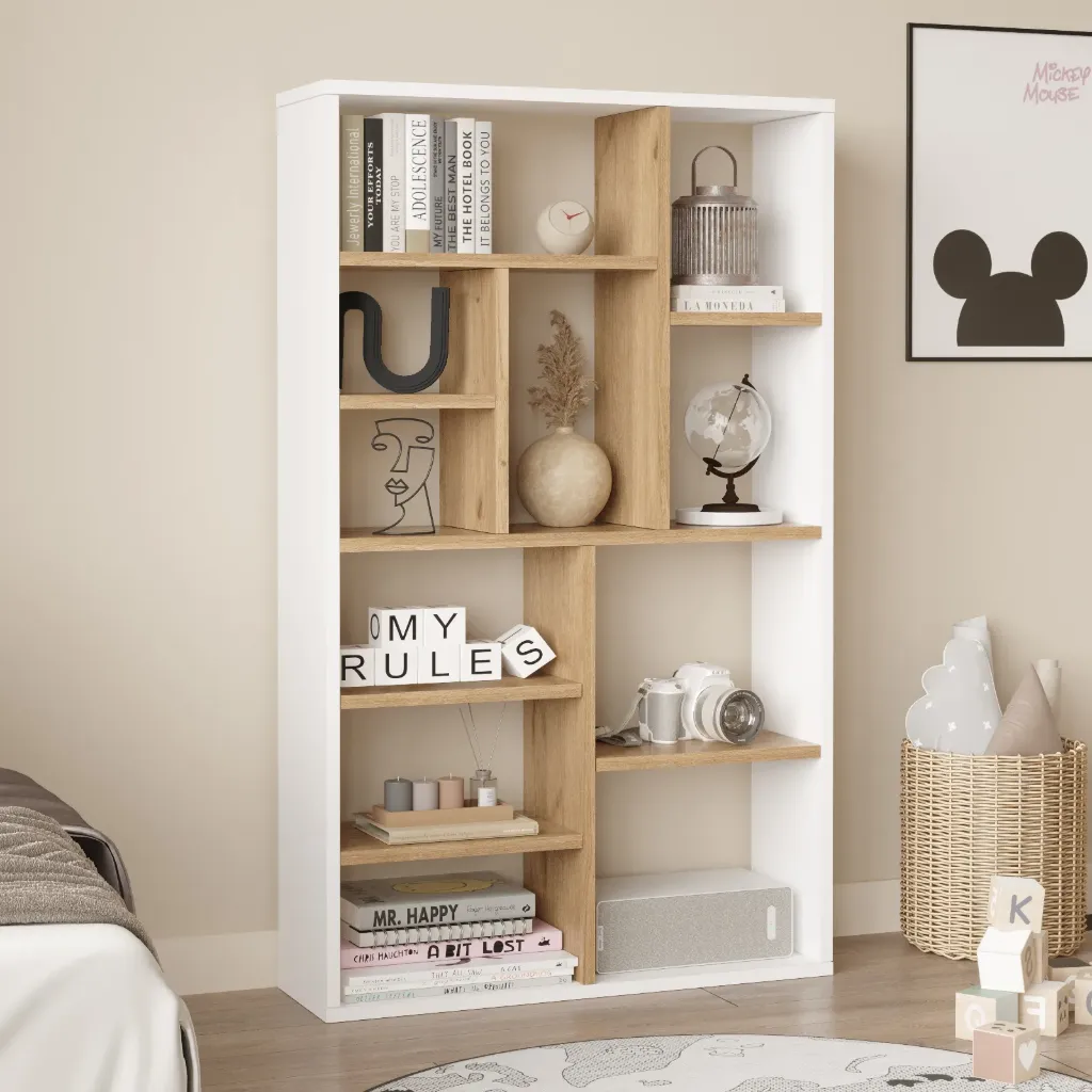 [BIBL-TF1-SW] L’Asymétrique - Bibliothèque suspendue blanche avec étagère en Chêne (1388 × 430 × 757 cm)
