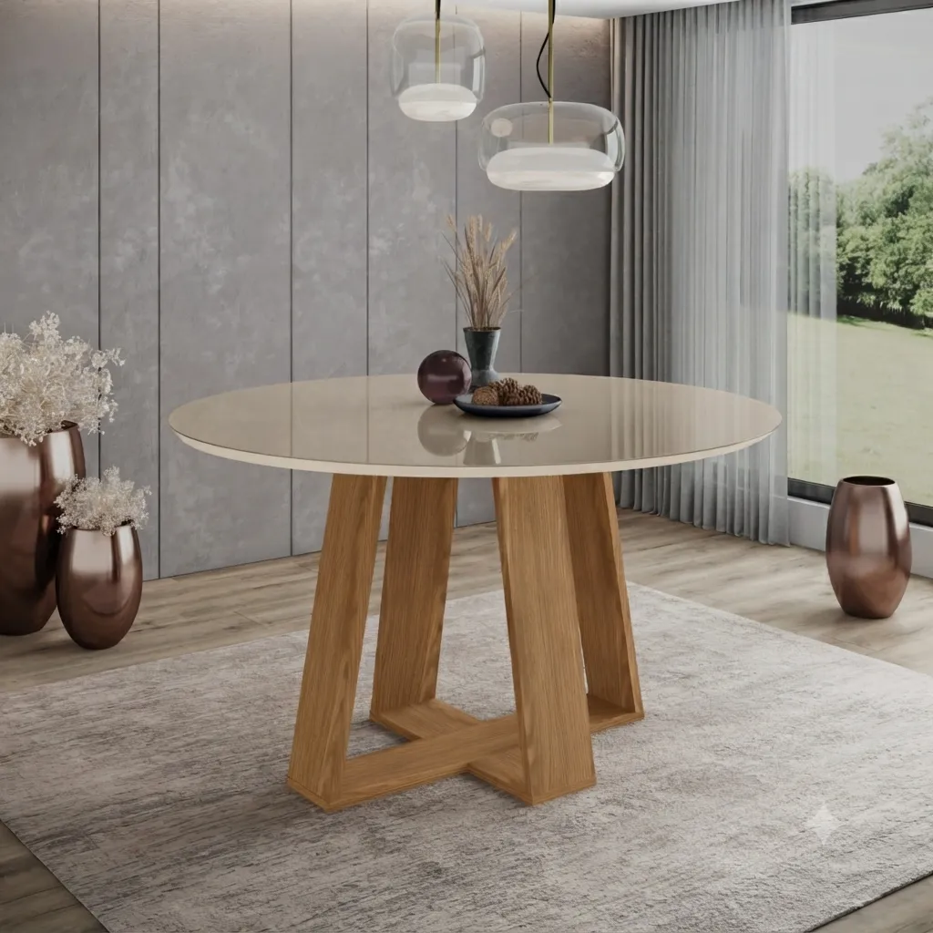 [TABLE-LINS-SC130-127] LINS - Table à manger ronde Plateau Blanc Pieds en Chêne