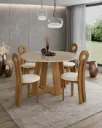 LINS - Table à manger ronde Plateau Blanc Pieds en Chêne + 4 chaises Kate marron