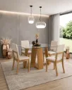 LINS - Table à manger Carrée Plateau Blanc Pieds en Chêne + 4 chaises Milla beiges