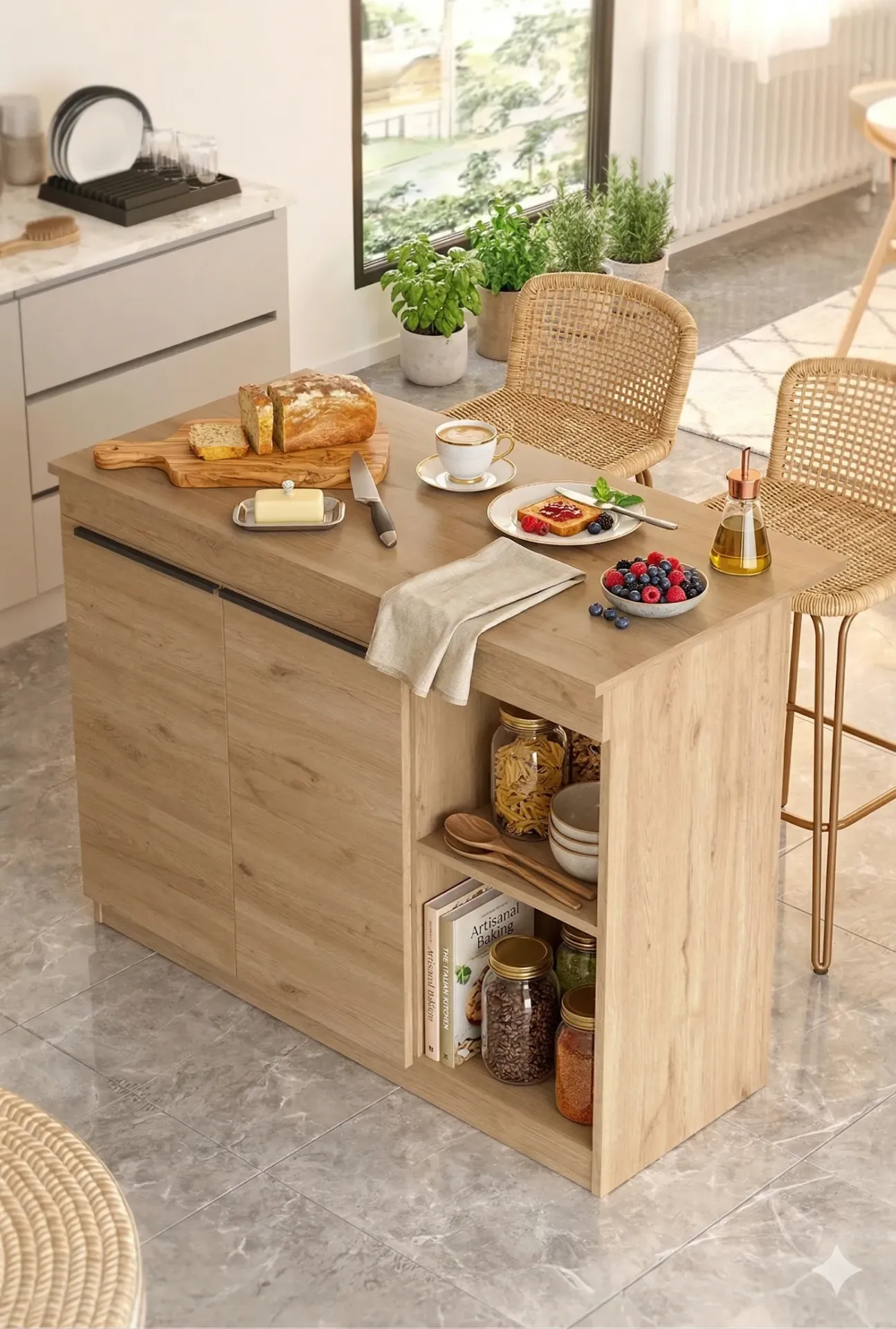 Kitchen Island - Îlot de Cuisine avec Portes et Espaces de rangements ouverts
