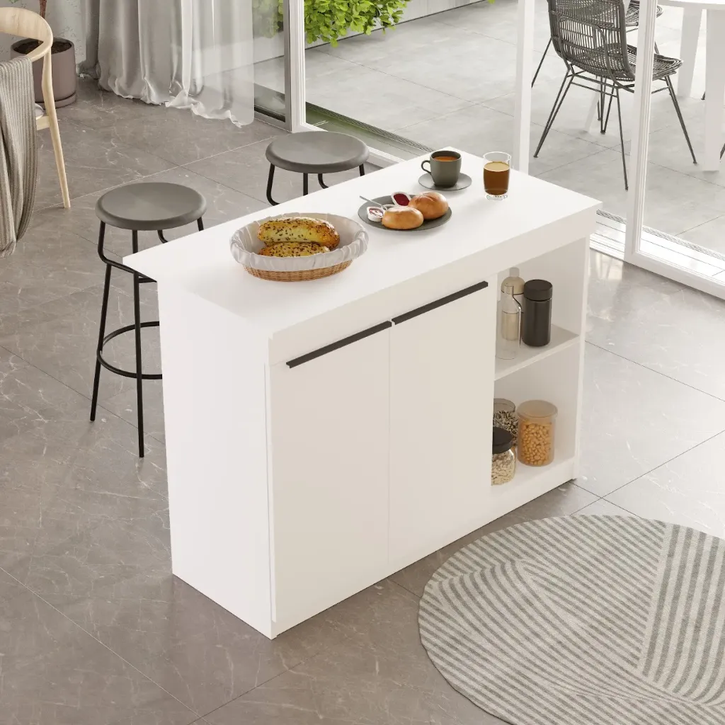 [ILOT-OR2-W] Kitchen Island - Îlot de Cuisine avec Portes et Espaces de rangements ouverts (Blanc)