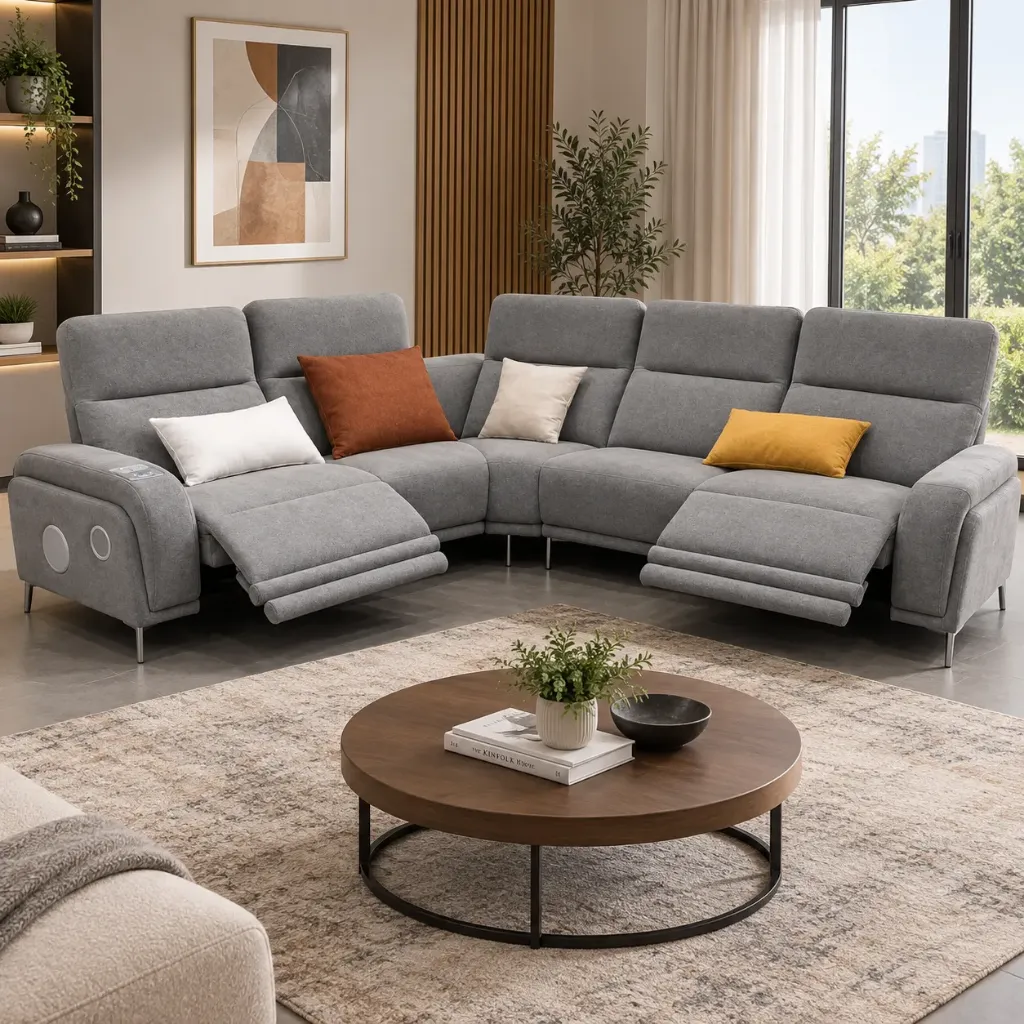 [SALON-01] Linda - Canapé d'angle en tissu gris avec fonctions
