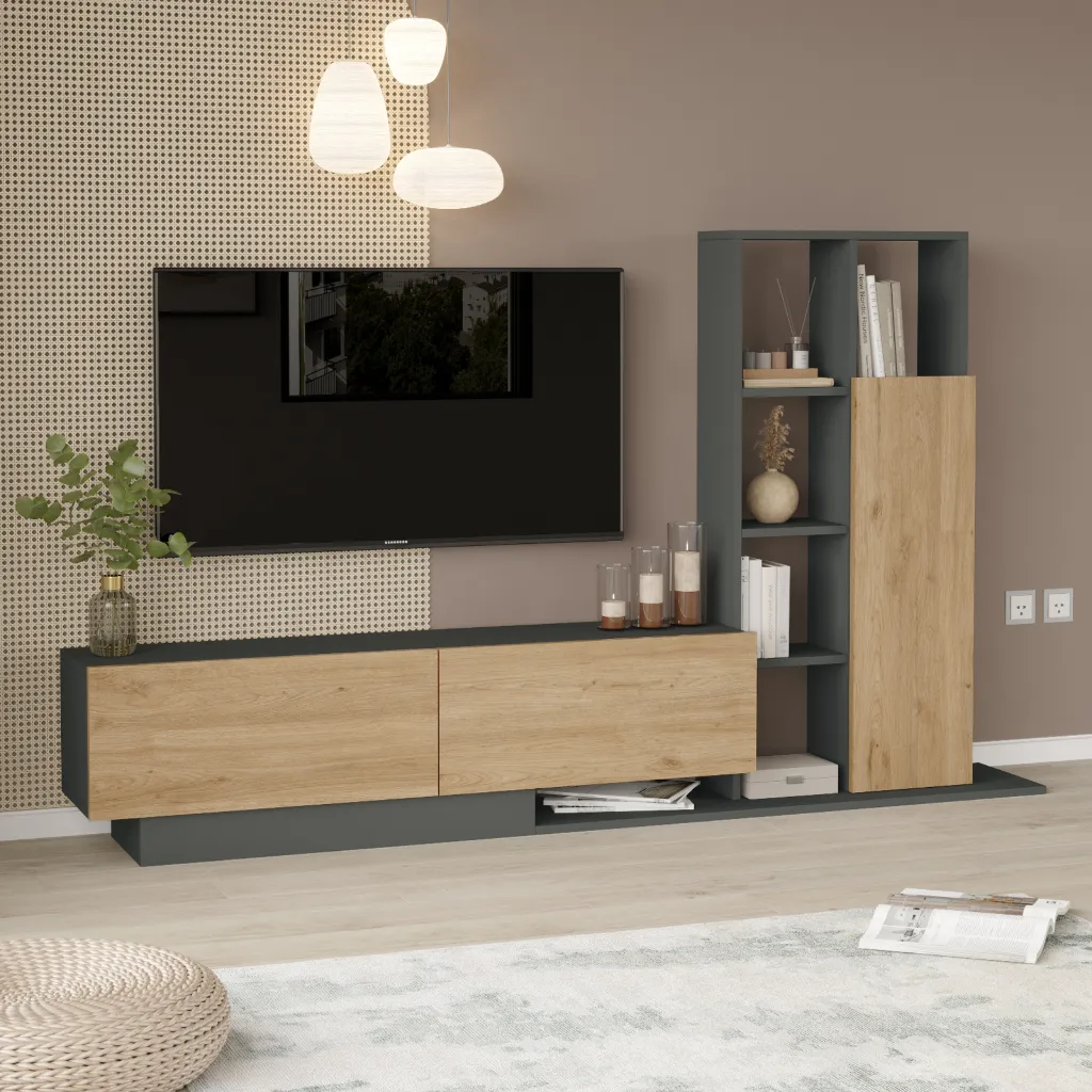 [BE1-SA-TV] Opale - LIVING TV AVEC COLONNE MURALE CHÊNE ET GRIS